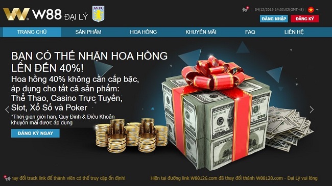 Nhan 40% Hoa hong khi tham gia chuong trinh dai ly W88